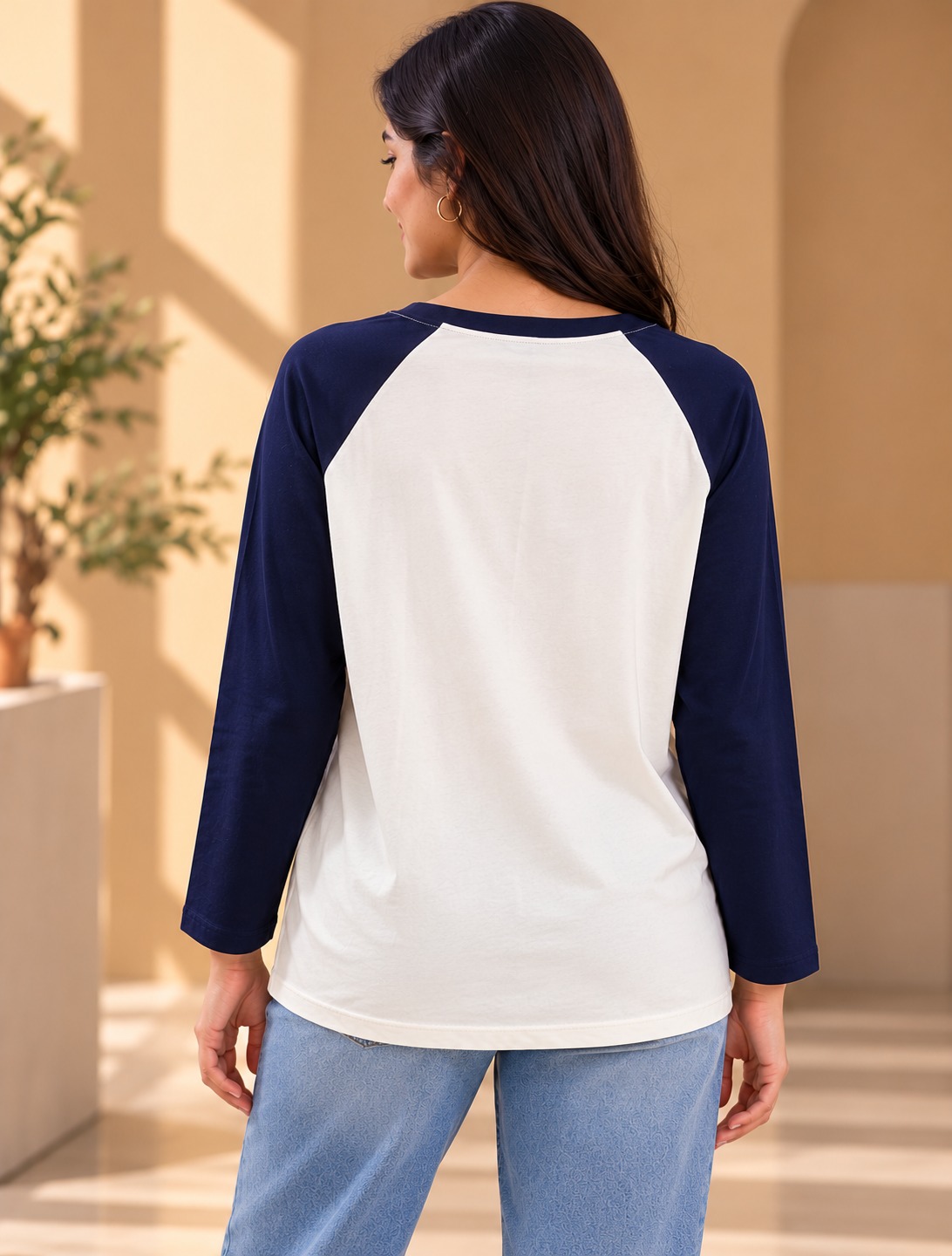 AAVARI Women's Color Block Raglan Sleeve T-Shirt | Navy Blue & Off-White Round Neck