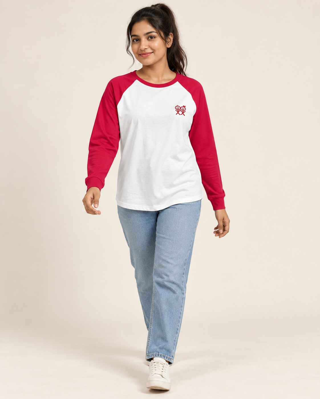 AAVARI Women's Red & White Color Block Raglan Sleeve T-Shirt | Round Neck Full Sleeve