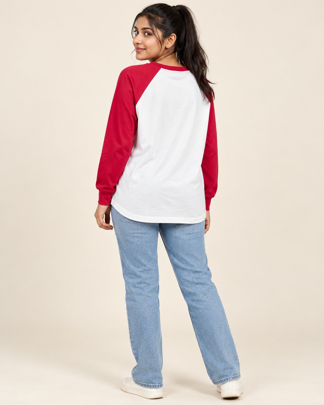 AAVARI Women's Red & White Color Block Raglan Sleeve T-Shirt | Round Neck Full Sleeve