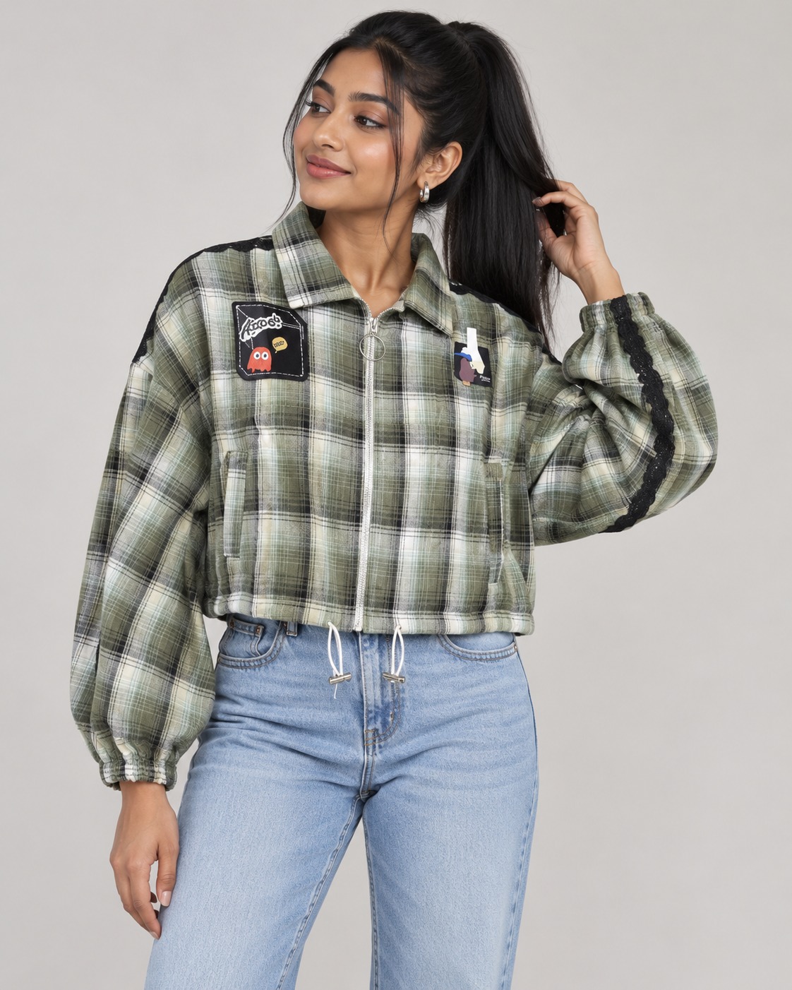 Women's Olive Green Checked Cropped Jacket with Balloon Sleeves