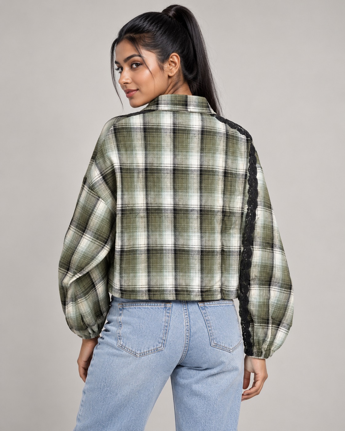 Women's Olive Green Checked Cropped Jacket with Balloon Sleeves