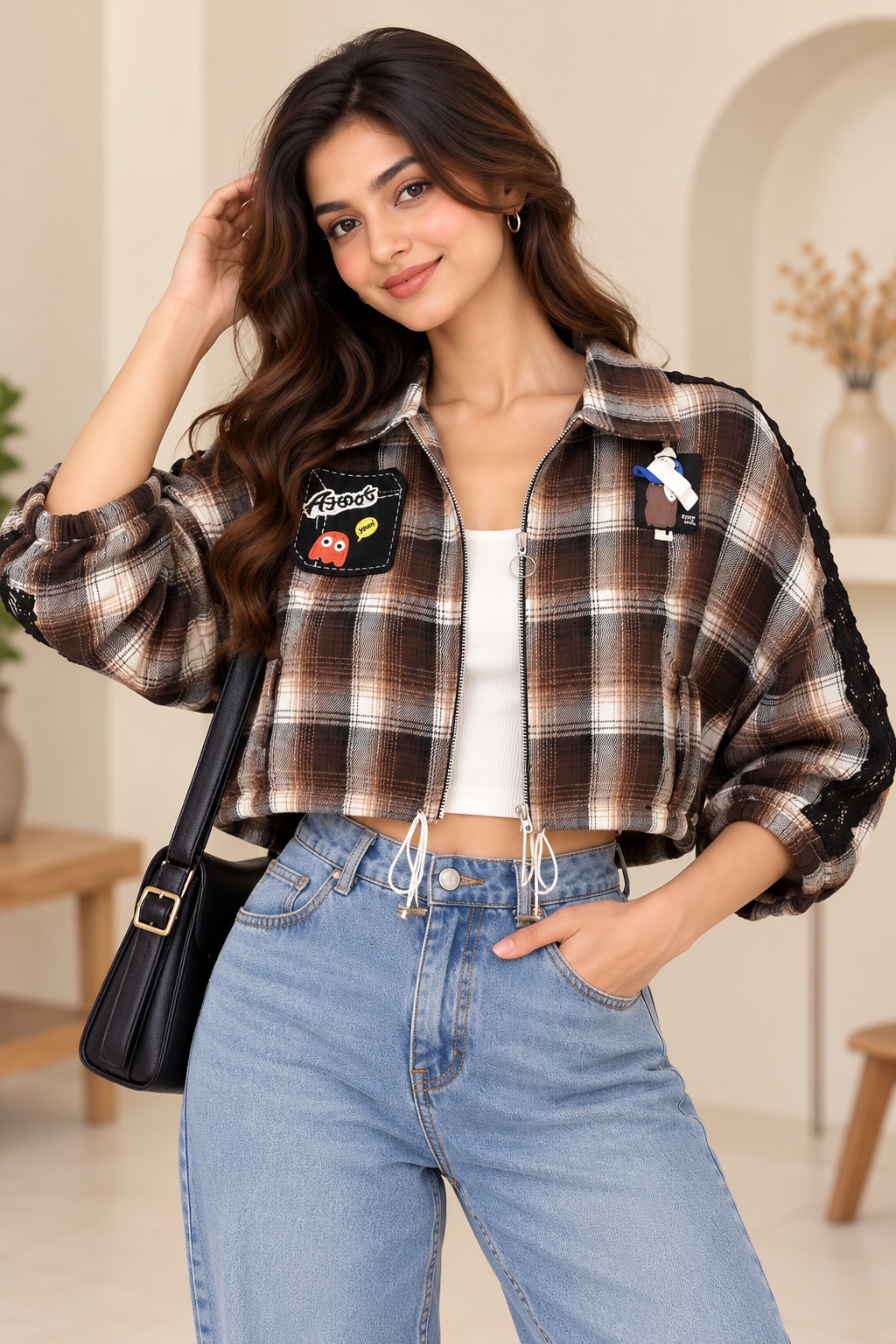 Women's Brown Checked Cropped Jacket with Balloon Sleeves, Zip Closure