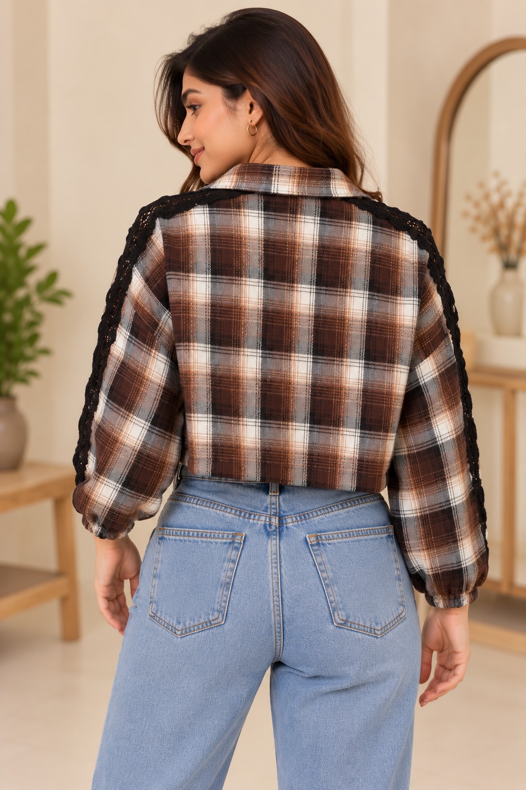 Women's Brown Checked Cropped Jacket with Balloon Sleeves, Zip Closure