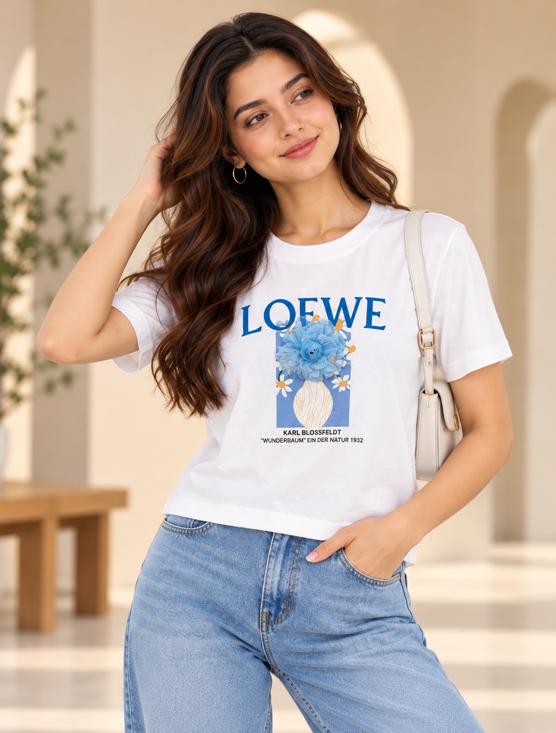 Women's White Floral Graphic Printed Round Neck Half Sleeve Casual T-Shirt