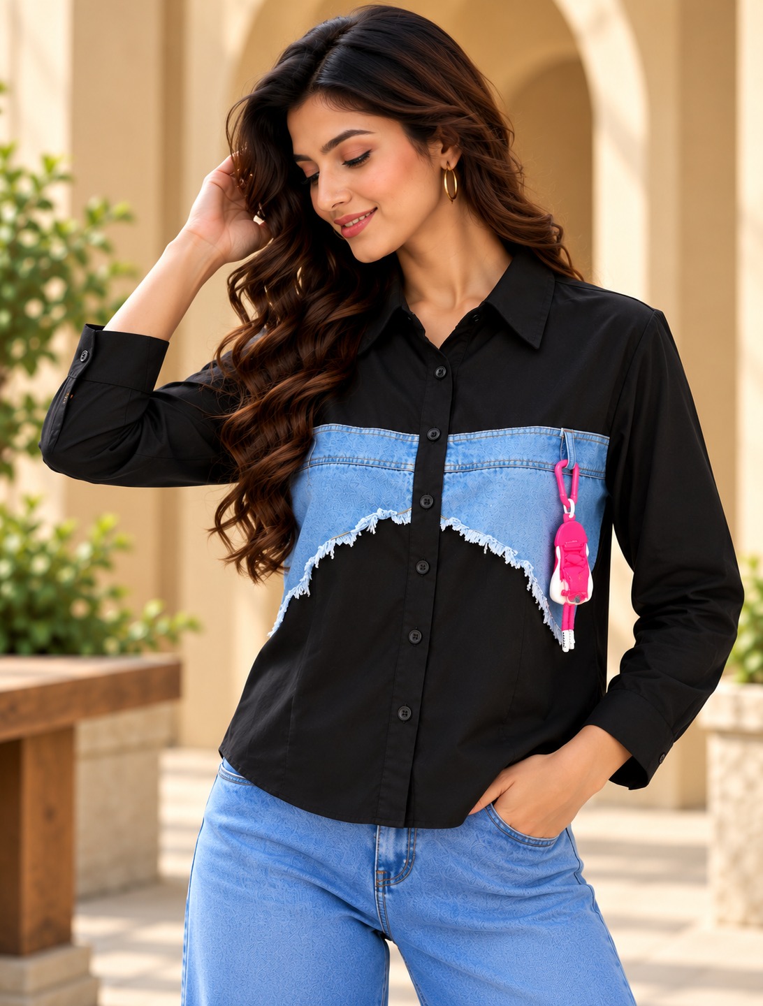 Women's Denim Patchwork Shirt with Frayed Edge Detail & Full Sleeves