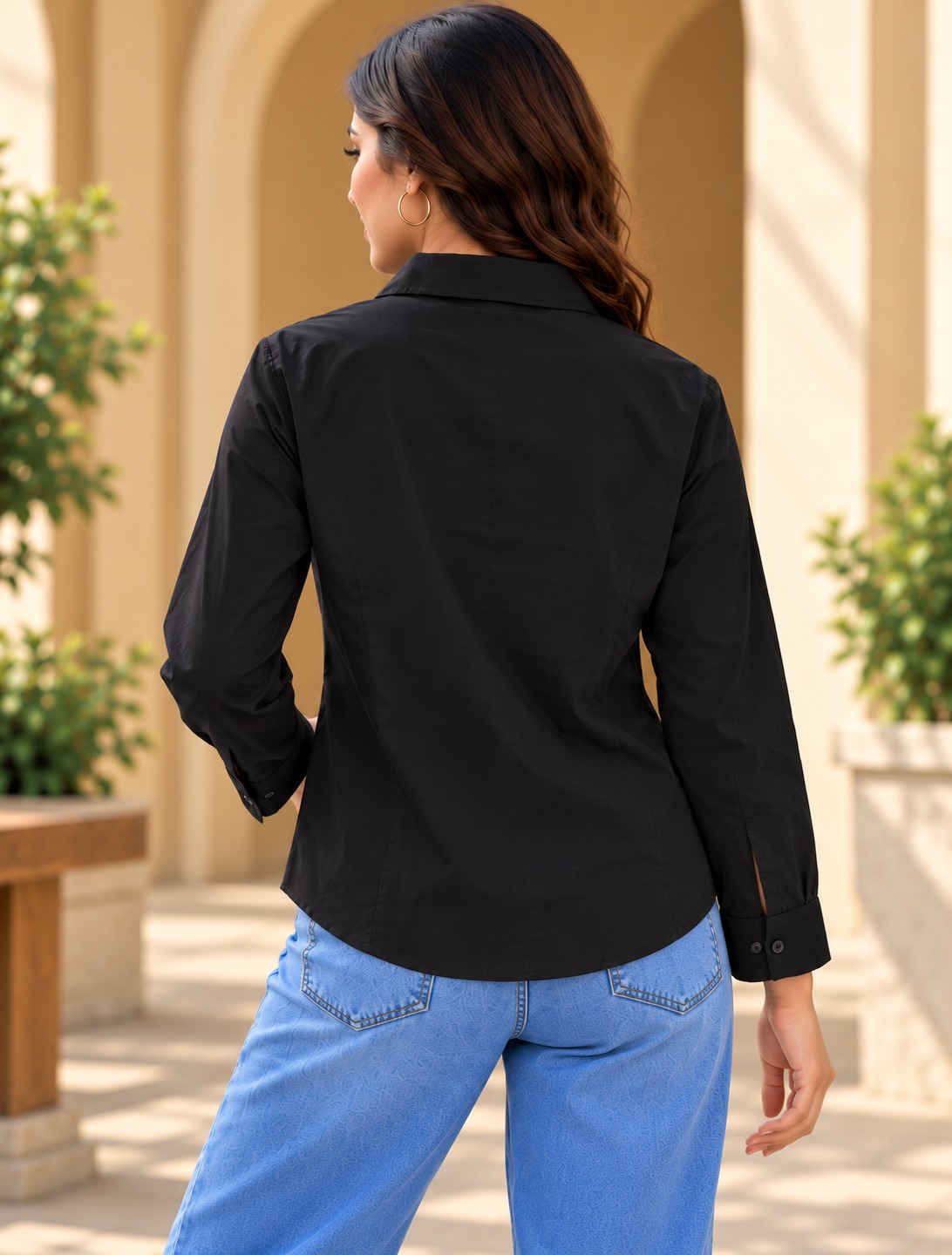 Women's Denim Patchwork Shirt with Frayed Edge Detail & Full Sleeves