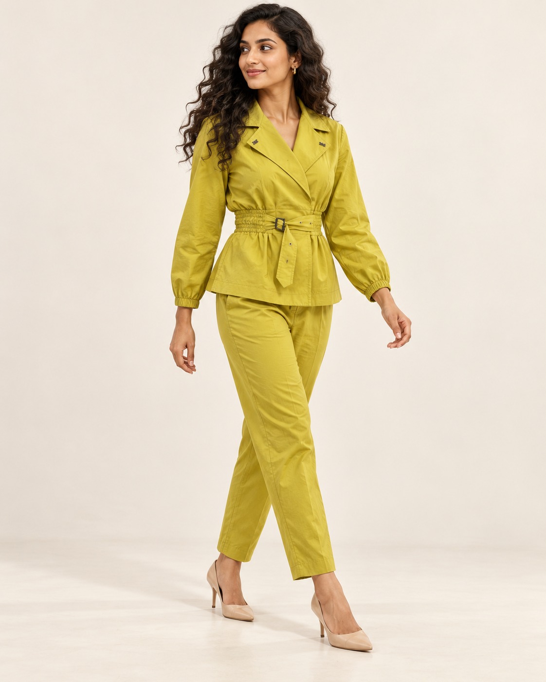 AAVARI Women's Notch Collar Belted Peplum Top & Straight Fit Trouser Co-Ord Set