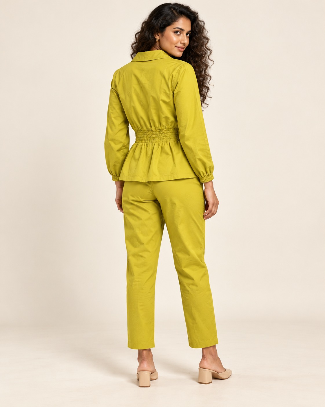 AAVARI Women's Notch Collar Belted Peplum Top & Straight Fit Trouser Co-Ord Set