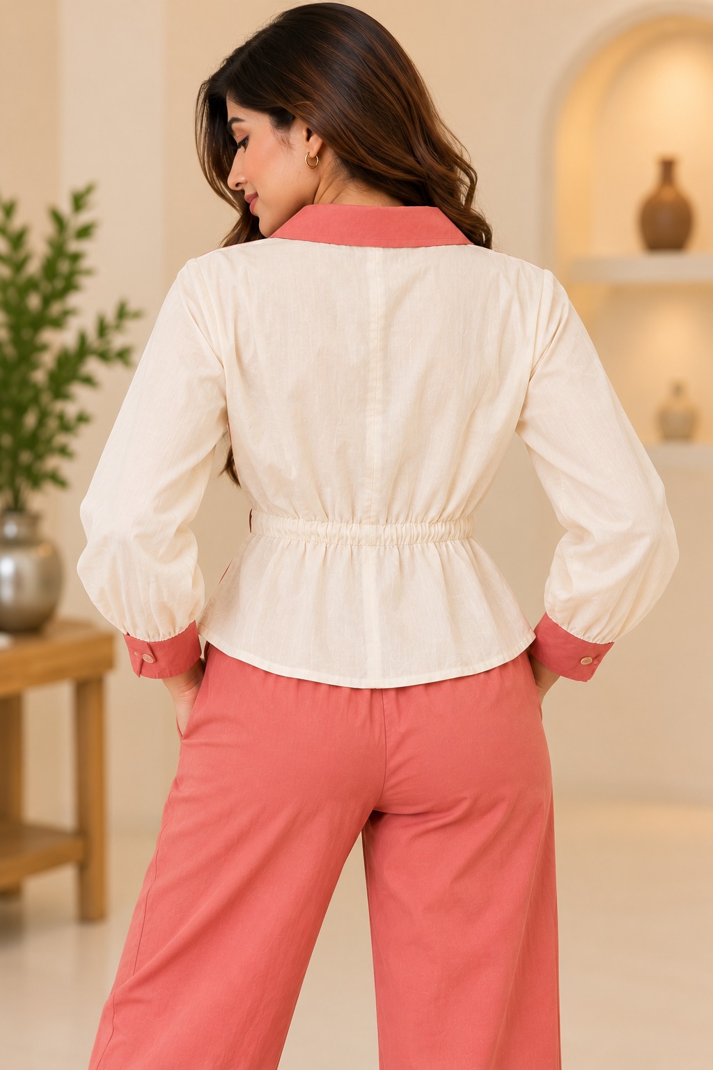 AAVARI Women's Collared Wrap Style Peplum Top & Wide Leg Trouser Co-Ord Set